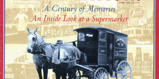 A historical image featuring a horse-drawn delivery cart with a driver in front of a supermarket. The background includes old photographs of the supermarket's development over a century. The cover text reads, "A Century of Memories: An Inside Look at a Supermarket.