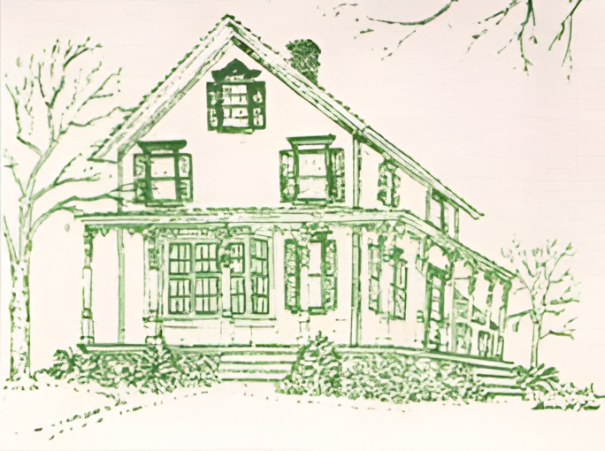 A detailed sketch of a two-story house featuring a prominent front porch with steps leading up to it. The house has several windows with shutters, a chimney, and trees surrounding it. The sketch is done in green ink on a white background.