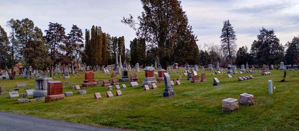 A photograph of rows of gravestones in Evergreen Cemetery. Trees fill the background.