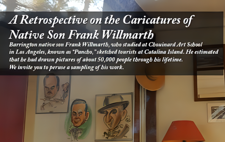 An exhibition poster titled "A Retrospective on the Caricatures of Native Son Frank Willmarth." It details the artist's background and shows caricatures on the wall, including one of his drawings, with reflective surfaces and framed artwork in the background.