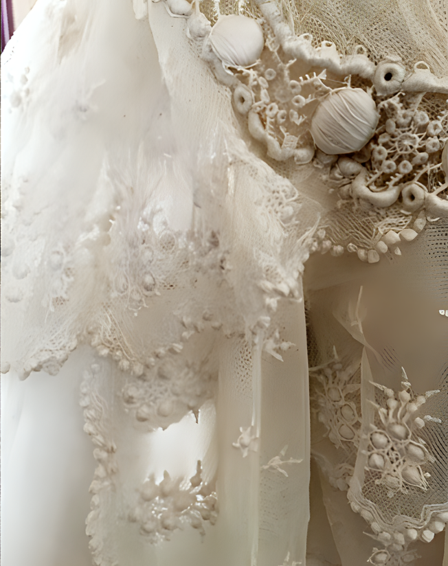 A close-up of an intricately detailed white fabric featuring lace, delicate embroidery, and small seashell-like embellishments. The fabric appears soft and has a layered, textured look, creating an elegant and luxurious appearance.