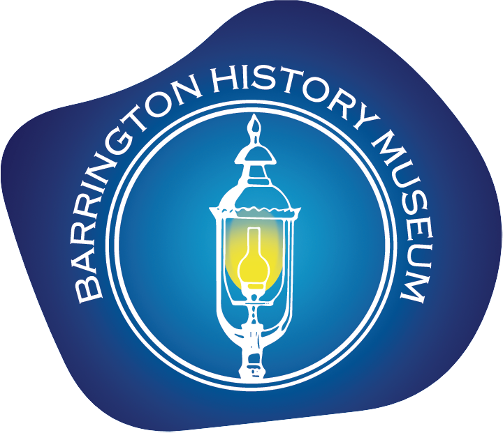 Logo for the Barrington History Museum.  Blue background with white text.  White circle around a gas street lamp.