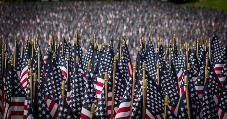 a crowd filled with american flags